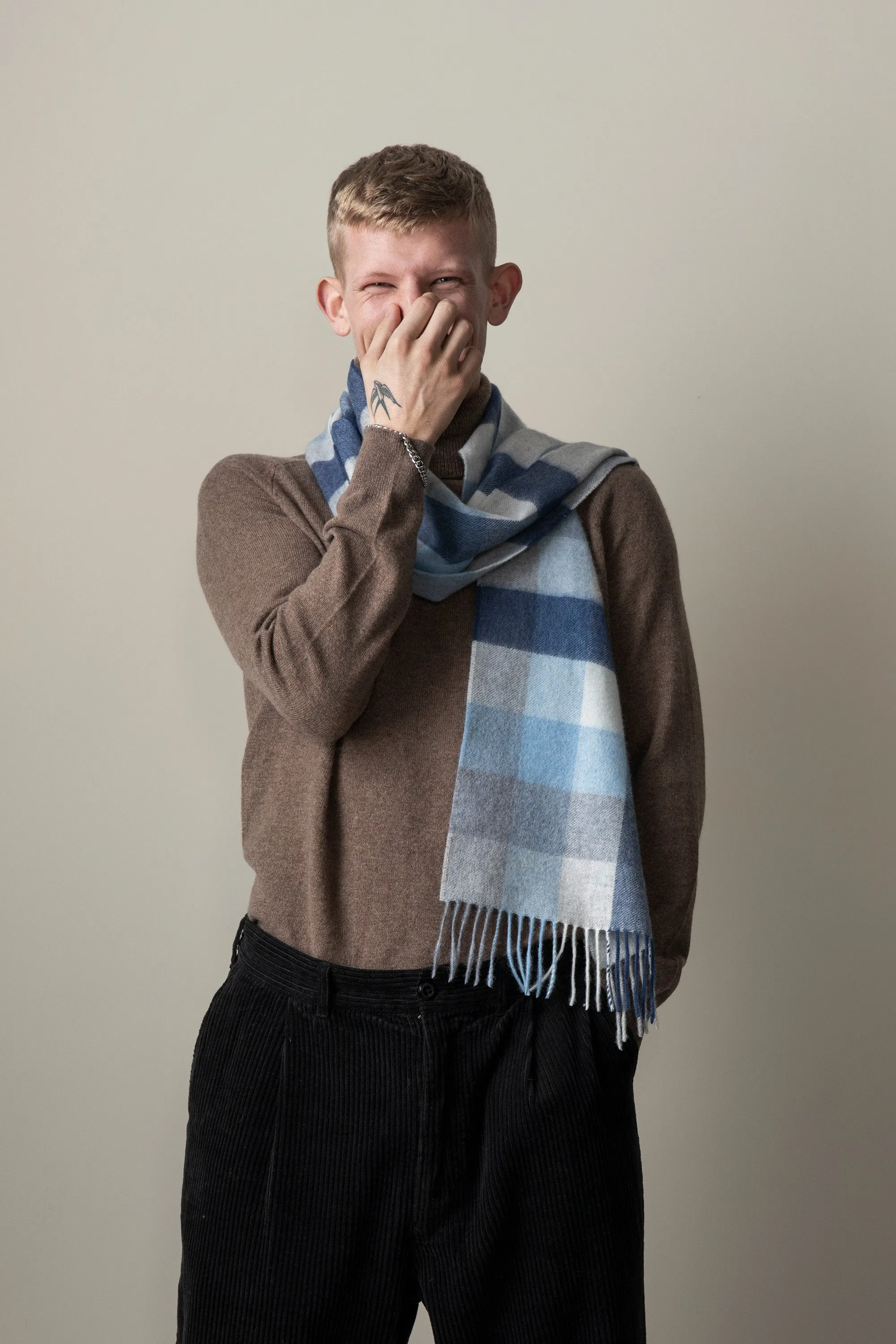 5 Square Check Cashmere Scarf - Glacier