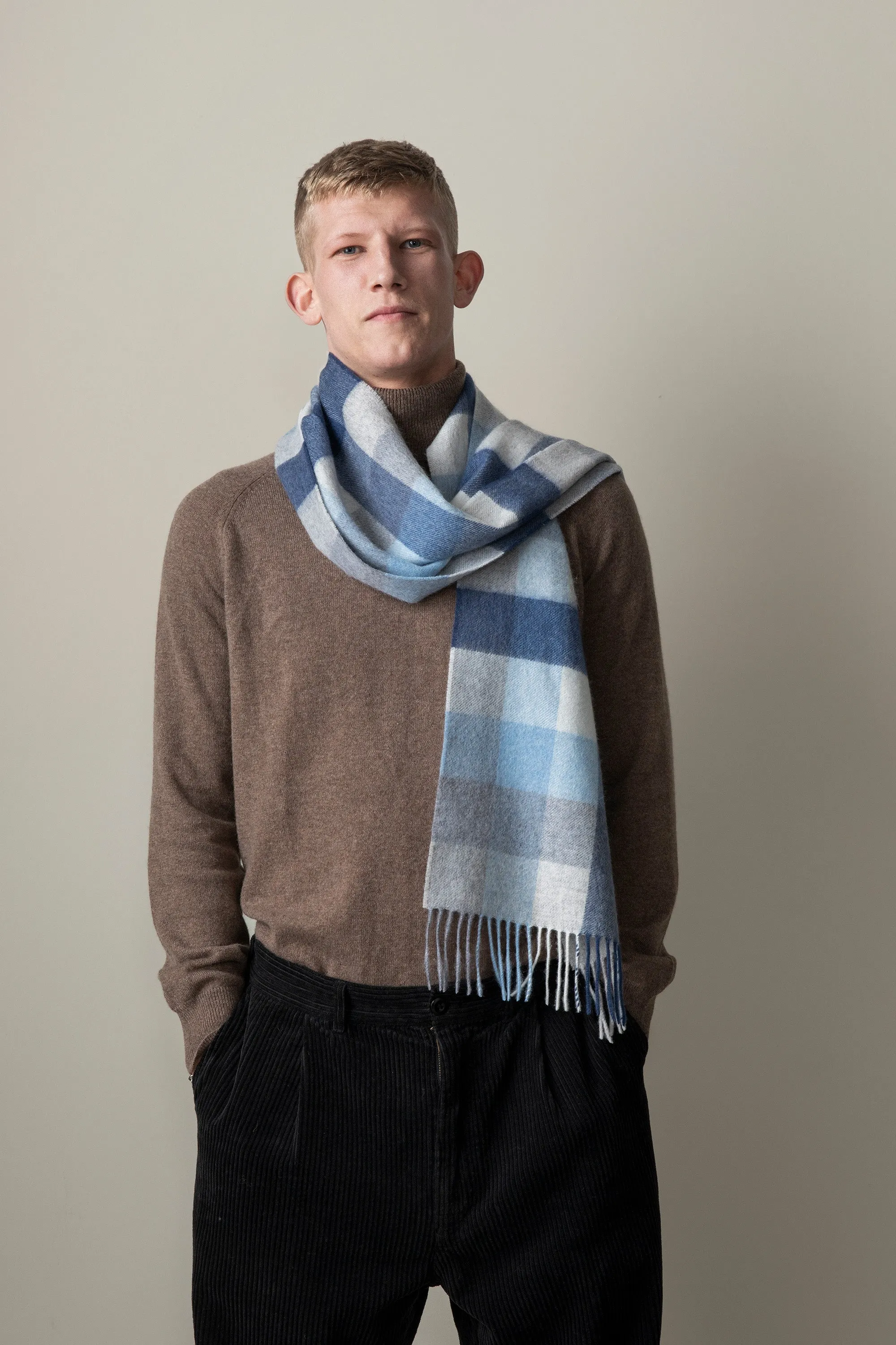 5 Square Check Cashmere Scarf - Glacier