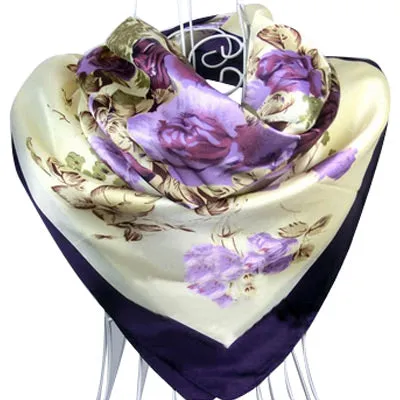 90cm*90cm Free Shipping 2015 New Arrival Women Purple Flower Print oil painting square silk scarf women royal rose shawls