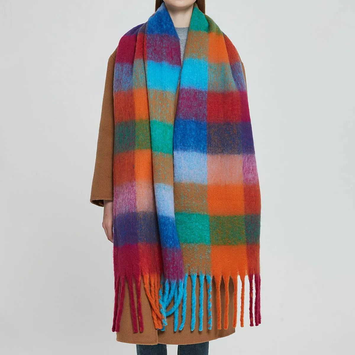 Accity | PLAID PATTERN FRINGE TRIM WINTER SCARF: PINK/YELLOW