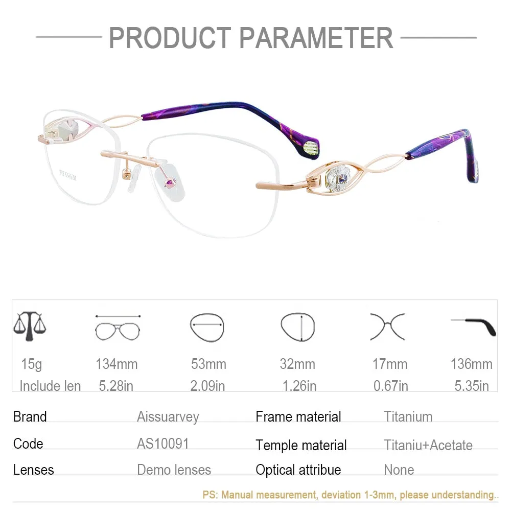 Aissuarvey Women's Eyeglasses Titanium Frame Rimless Rhinestone Crystal As1009