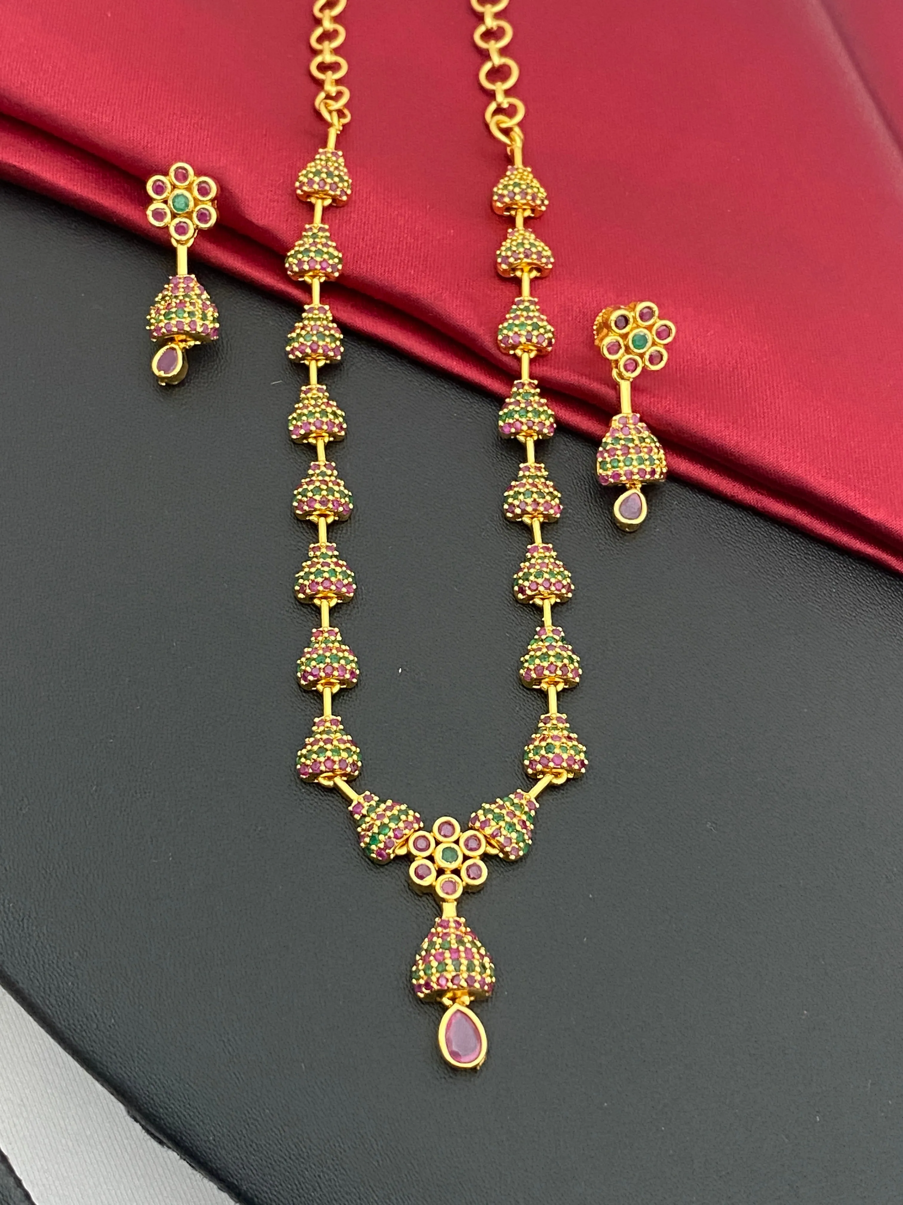 Beautiful Gold Plated Juhmka Designed Necklace And Earrings With Ruby And Emerald Stones