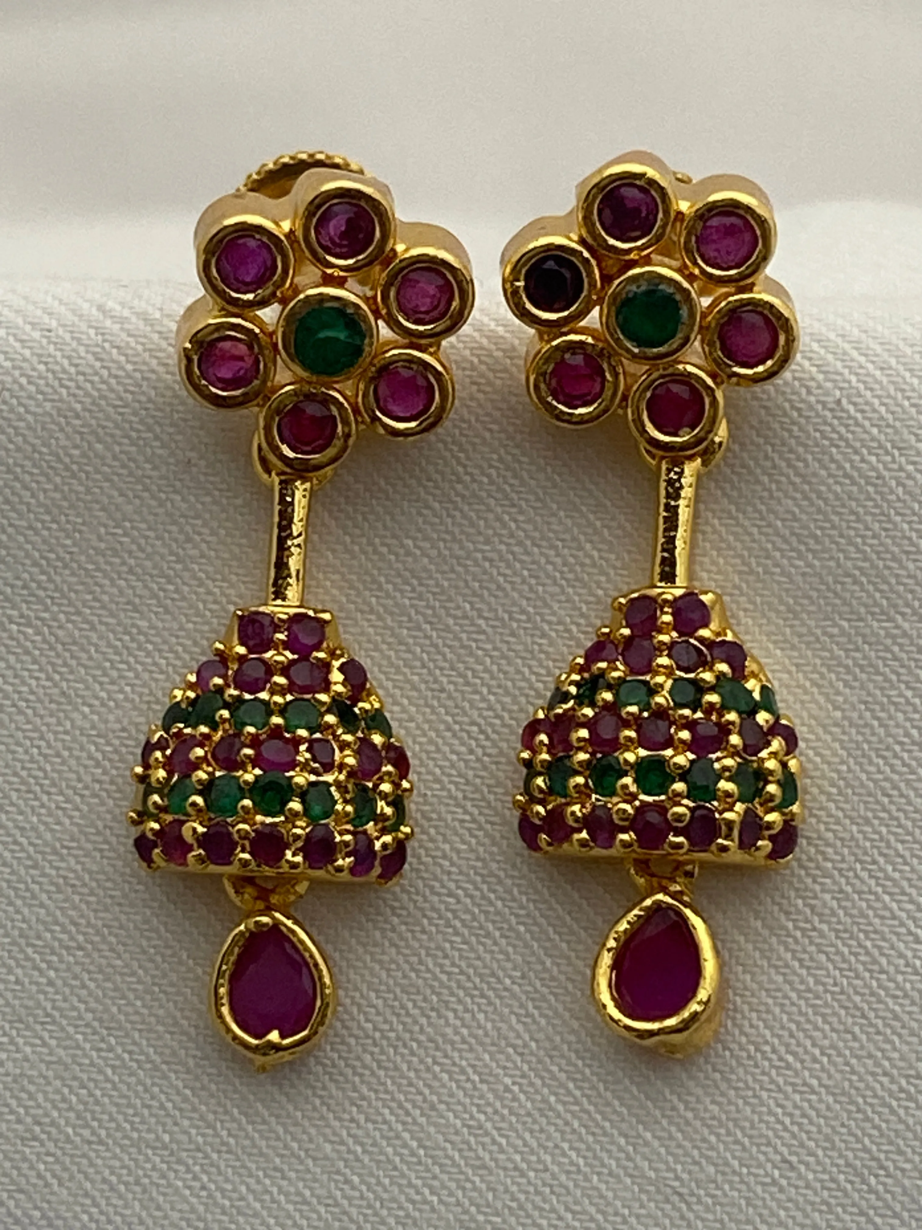 Beautiful Gold Plated Juhmka Designed Necklace And Earrings With Ruby And Emerald Stones