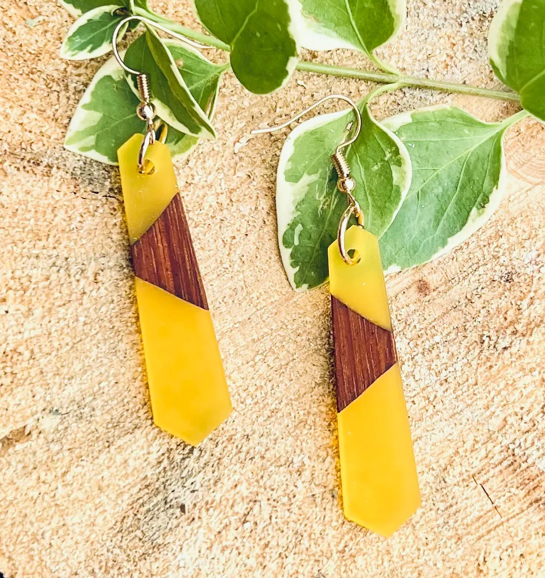 Beautiful Wood and Yellow Resin Earrings