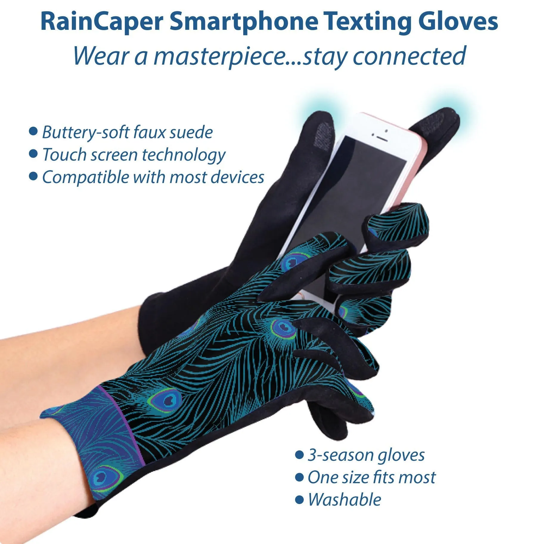 Black Blue Peacock Texting Gloves