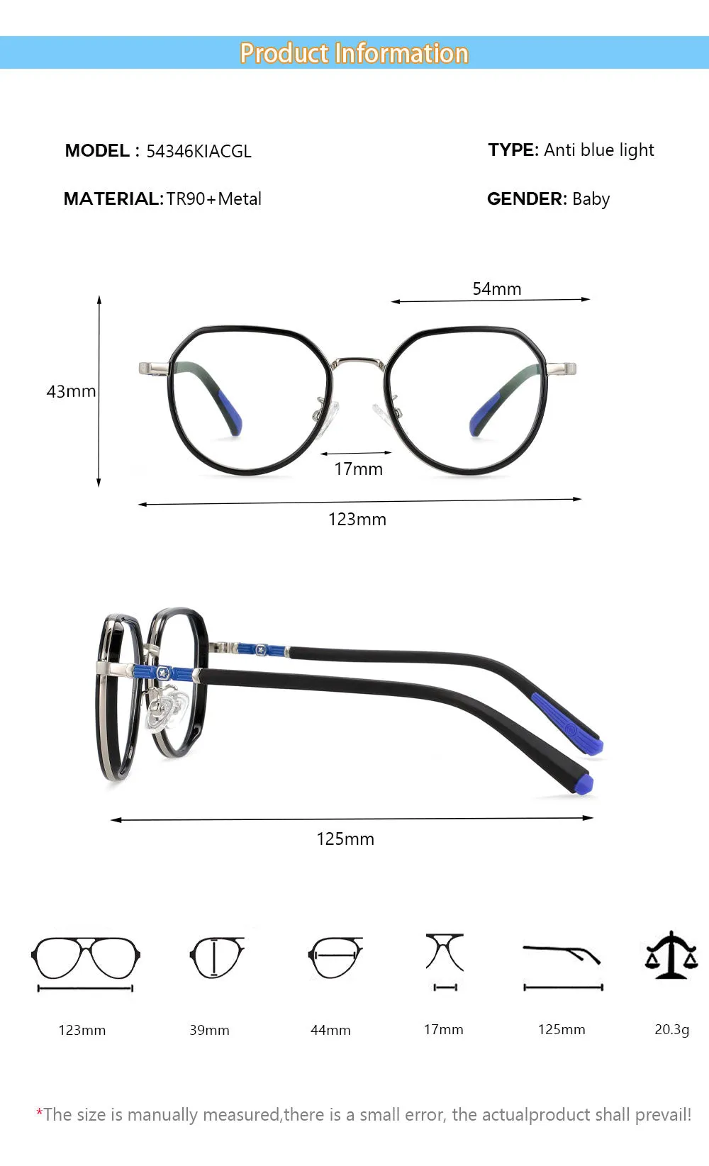 CCspace Children's Boy's Full Rim Round Square Tr 90 Titanium Frame Eyeglasses 54346