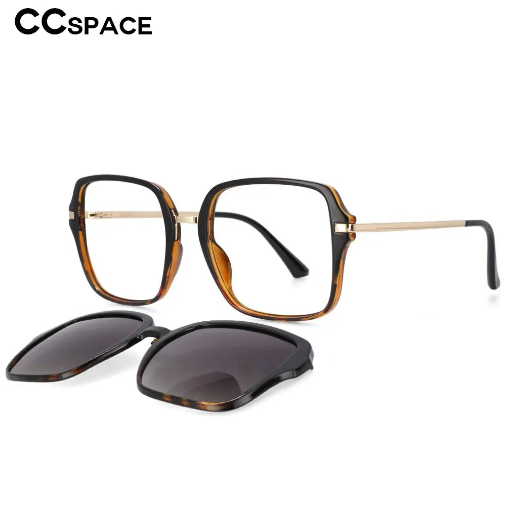 CCspace Unisex Full Rim Square Tr 90 Frame Eyeglasses Clip On Sunglasses 53661