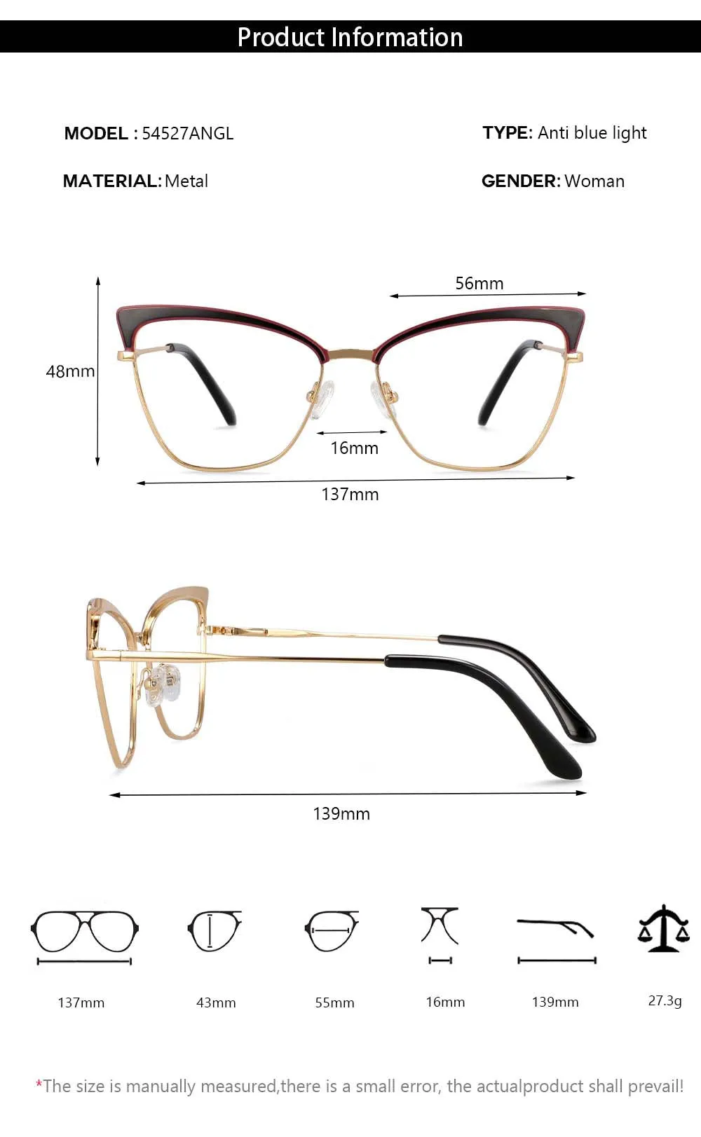 CCspace Women's Full Rim Butterfly Cat Eye Alloy Frame Eyeglasses 54527