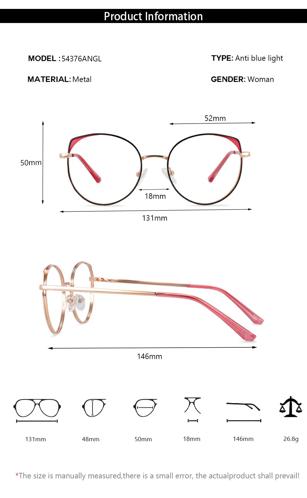 CCspace Women's Full Rim Round Alloy Frame Eyeglasses 54376