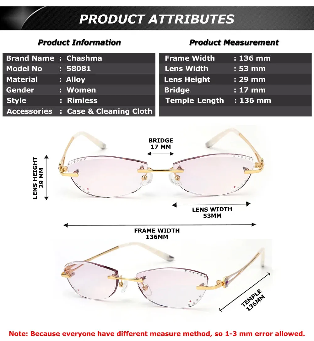 Chashma Women's Rimless Cat Eye Oval Titanium Alloy Eyeglasses 58061