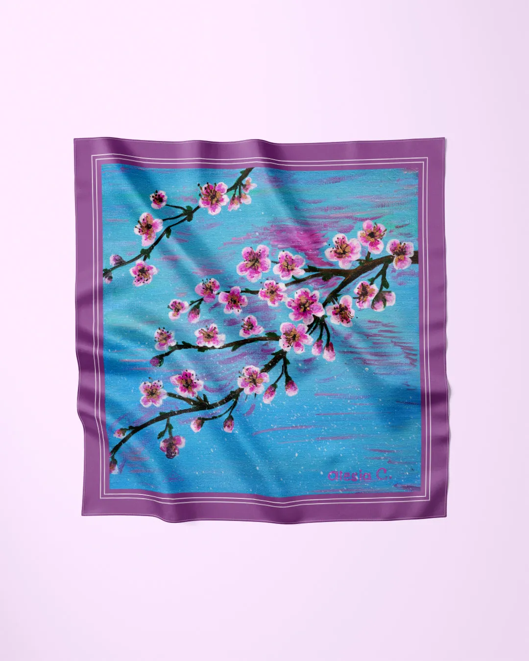 CHERRY BLOSSOM Designer 100% Silk Art-A-Porte Scarf in Blue Lavender