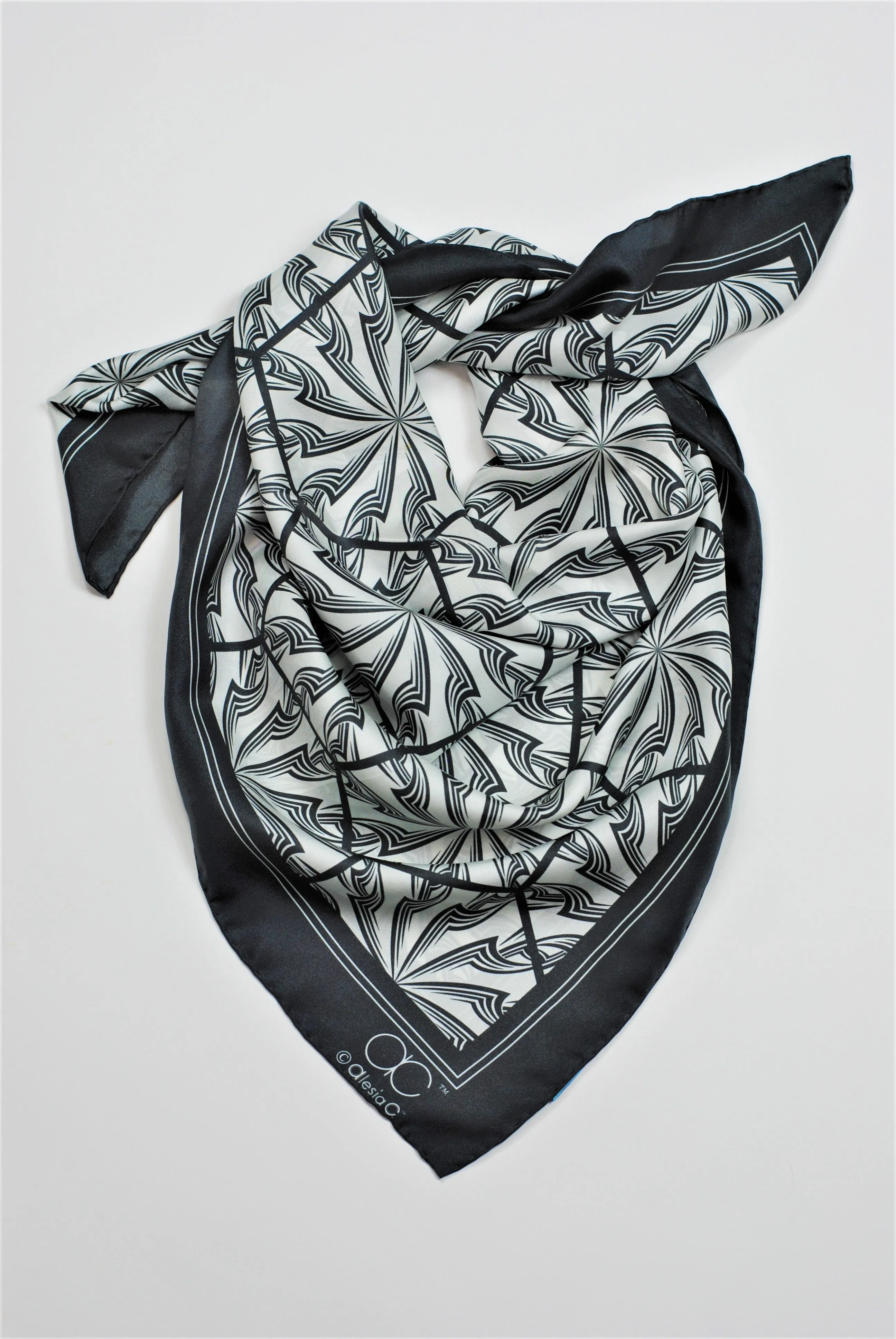 DANDELION SNOW Designer 100% Silk Scarf in Black White