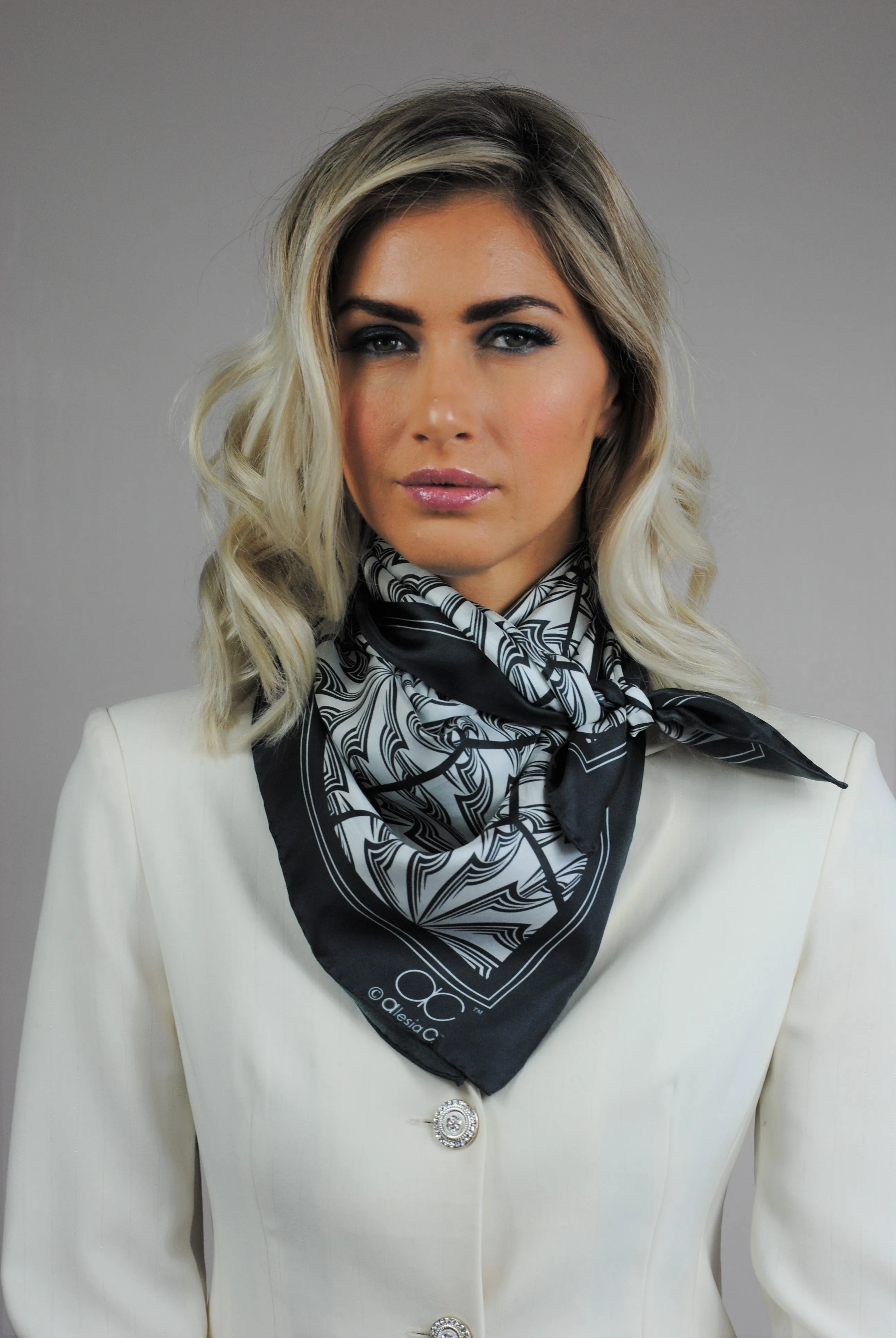 DANDELION SNOW Designer 100% Silk Scarf in Black White