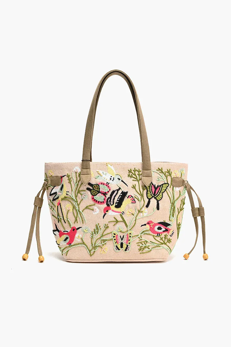 Embroidered Beaded Tote-Blushing Birds