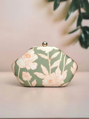 Flower Printed Green Clutch