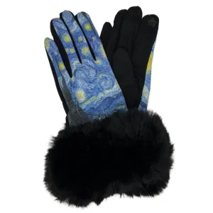 Fur Trimmed Art Design Touch Screen Gloves