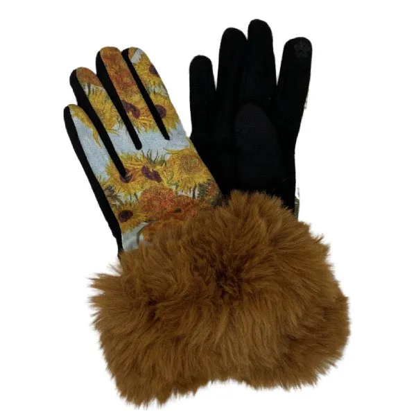 Fur Trimmed Art Design Touch Screen Gloves