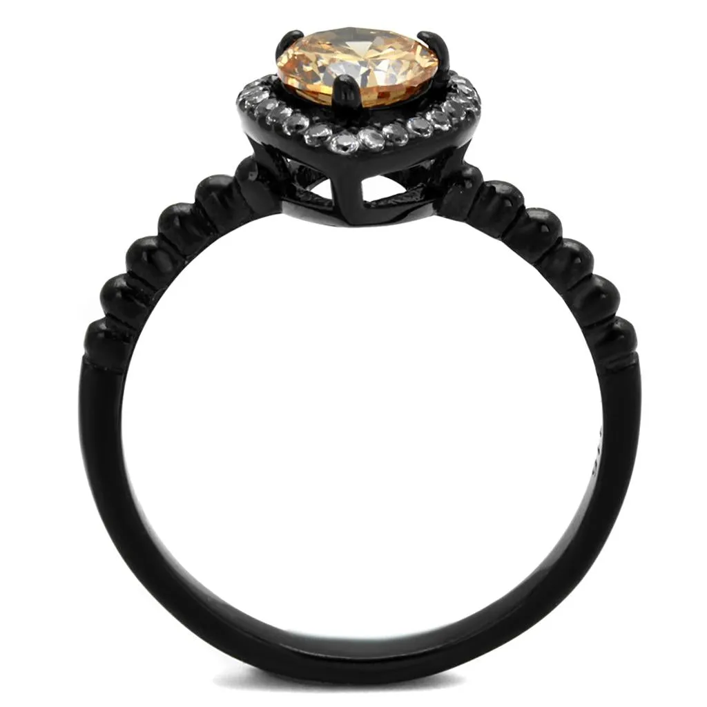 IP Black(Ion Plating) Stainless Steel Ring with AAA Grade CZ in Champagne for Women Style TK2365