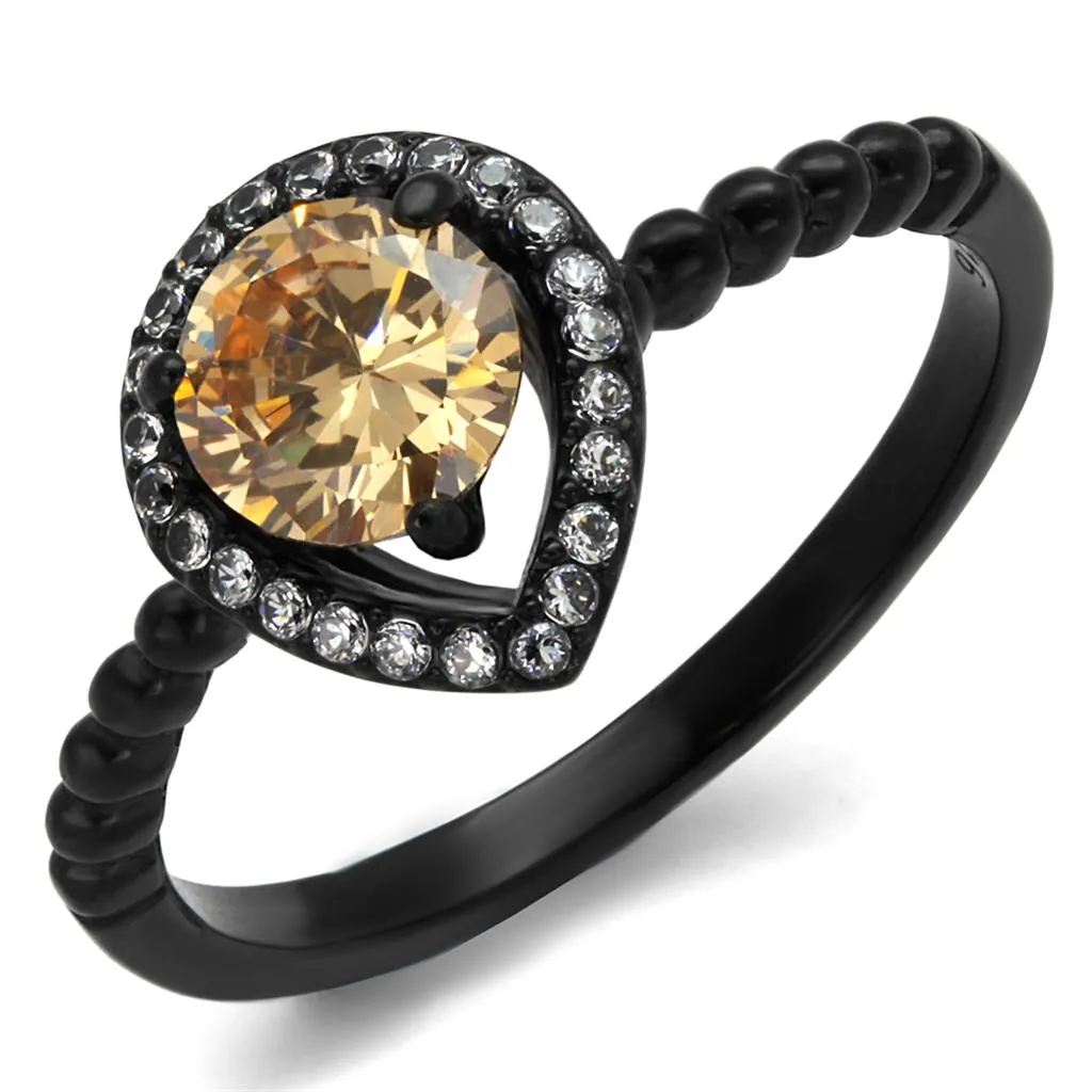 IP Black(Ion Plating) Stainless Steel Ring with AAA Grade CZ in Champagne for Women Style TK2365