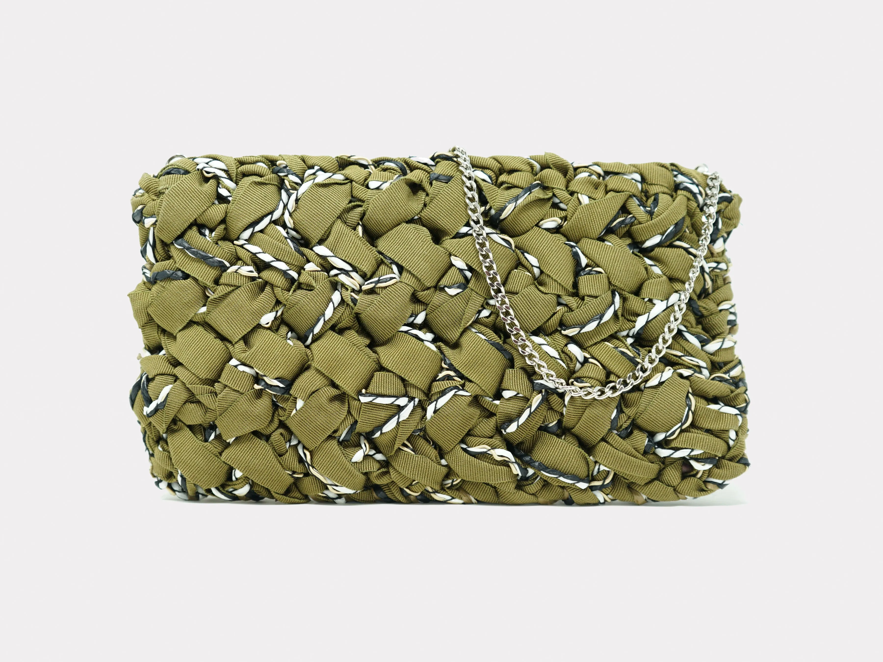 Lorenza Gandaglia Grosgrain Raffia Clutch Moss Green