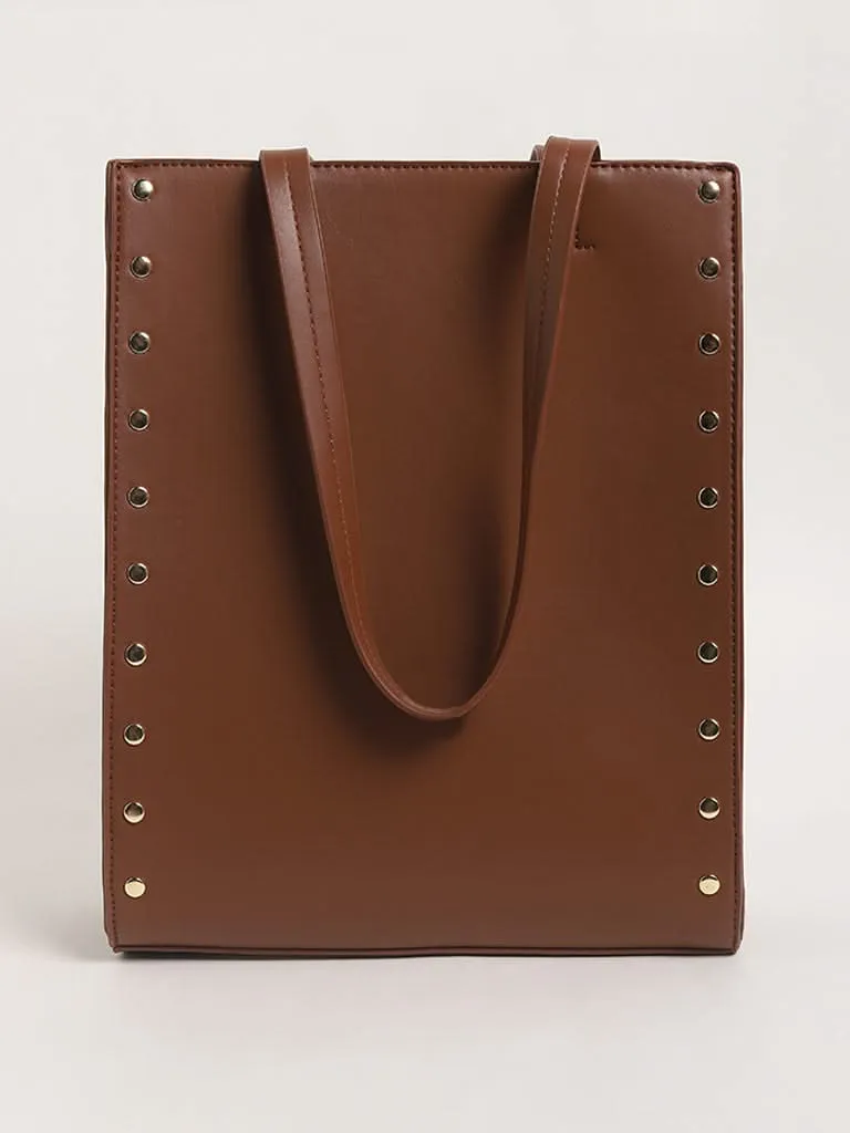 LOV Studded Chocolate Brown Tote Bag