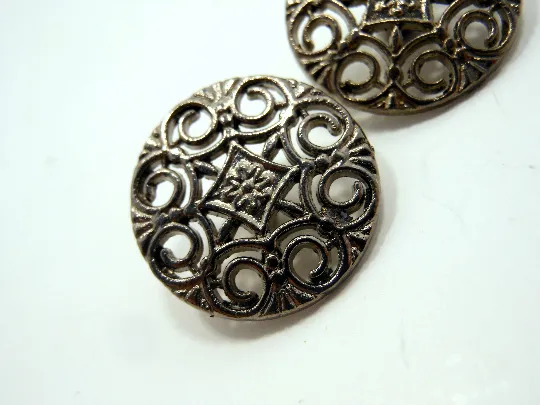 Metal Buttons Set of 3: Gunmetal Filigree Metal Shank Buttons ~ 9/16" Diameter