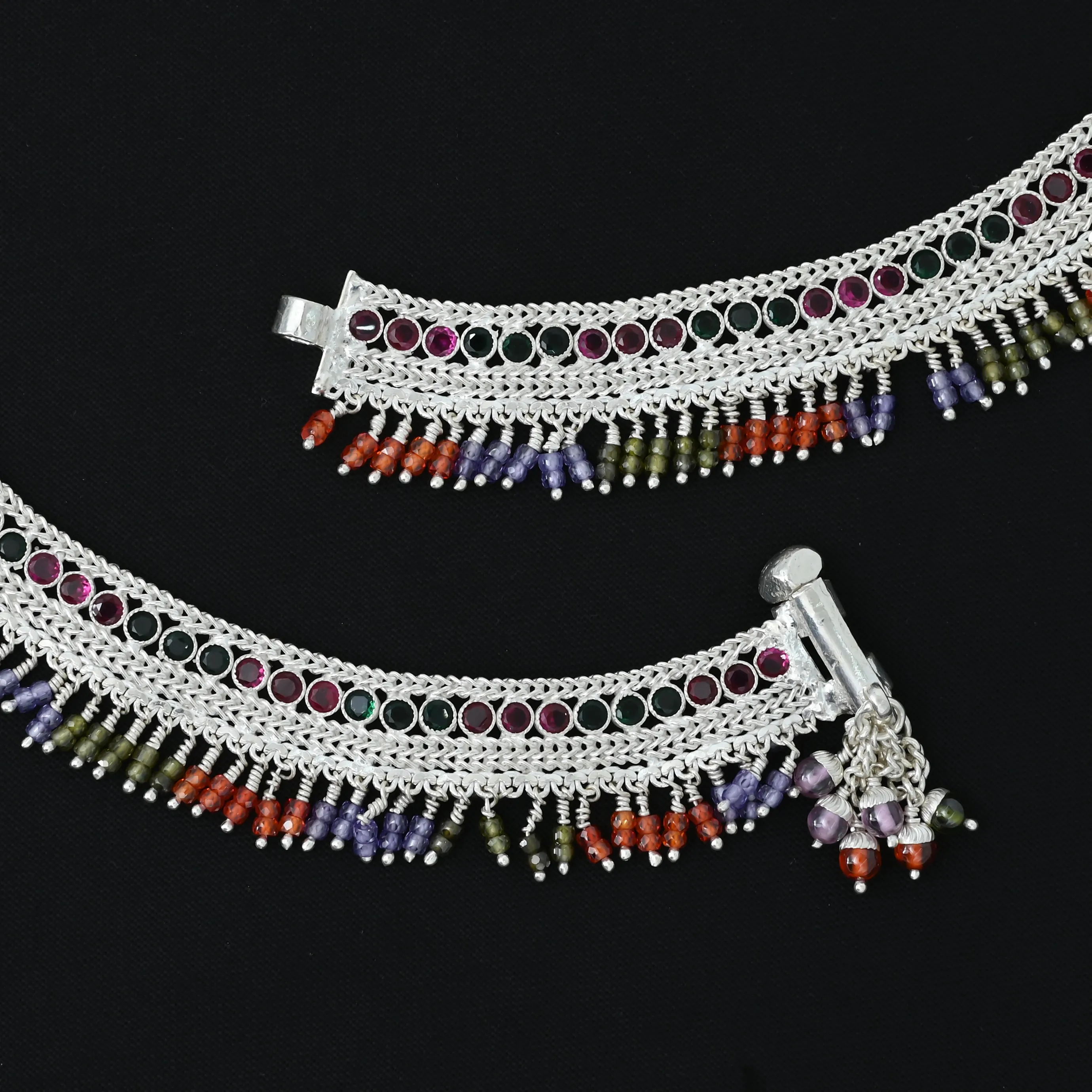 Modern VIbrant Colorful Gem Stone & Beads Silver Women's Payal