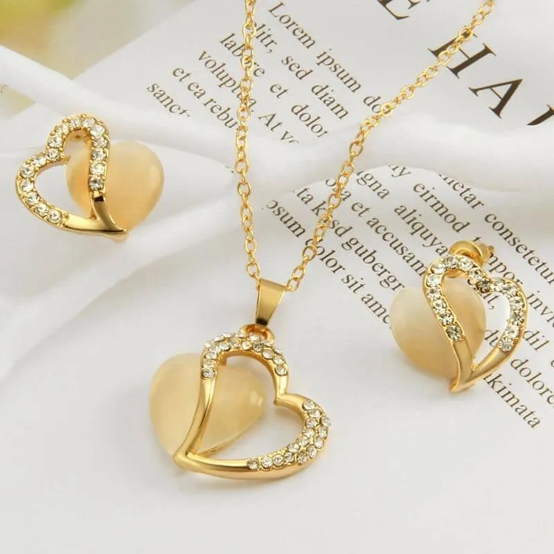 Natural Yellow Opal Love Heart Necklace Earring Jewelry Set