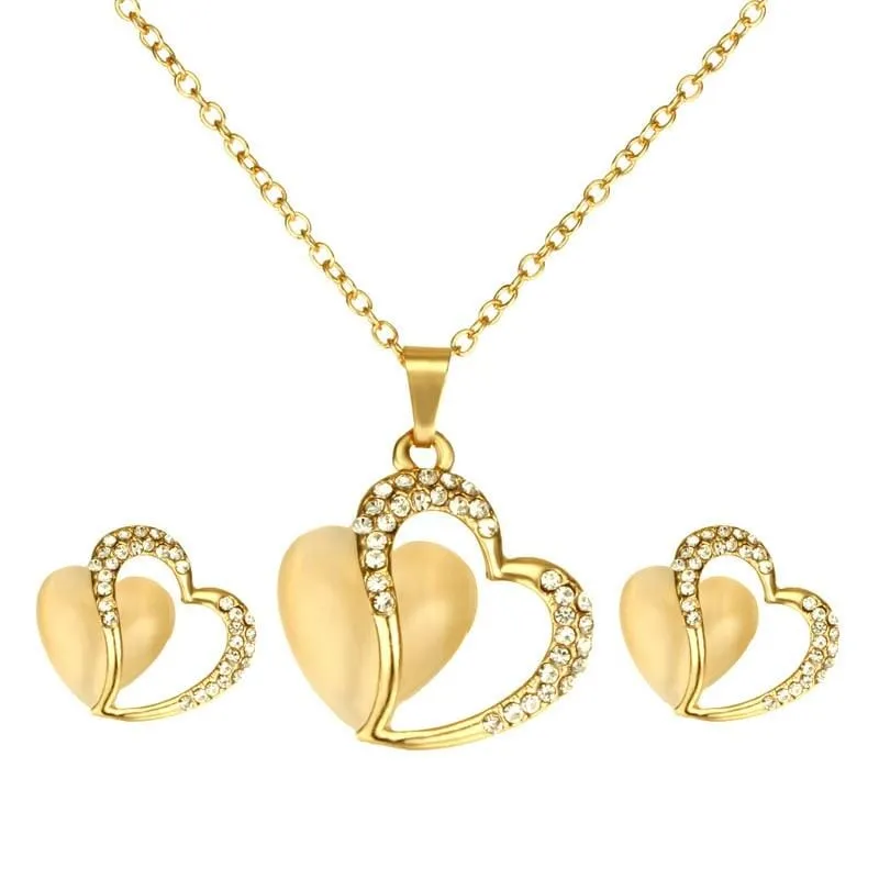 Natural Yellow Opal Love Heart Necklace Earring Jewelry Set