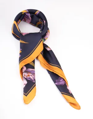 Navy Fabric Flower & Ribbon Scarf