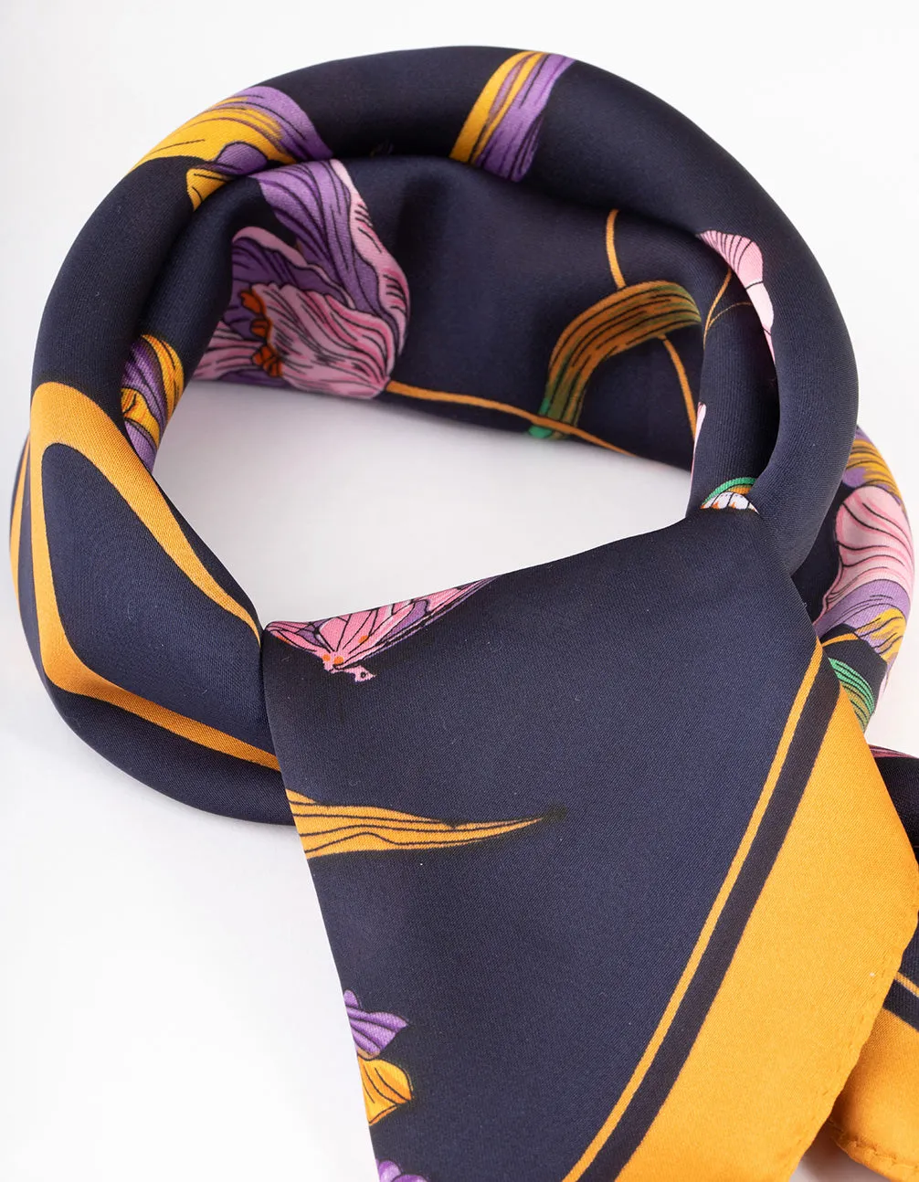 Navy Fabric Flower & Ribbon Scarf