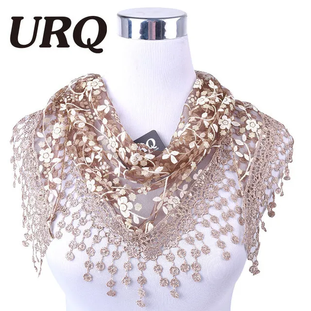 New Brand design Summer Lady Lace Scarf Tassel Sheer Metallic Women Triangle Bandage Floral scarves Shawl L10A5108