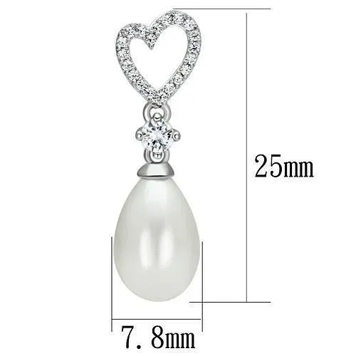 Rhodium 925 Sterling Silver Earrings with Synthetic Pearl in White for Women White Stone Color Style TS064