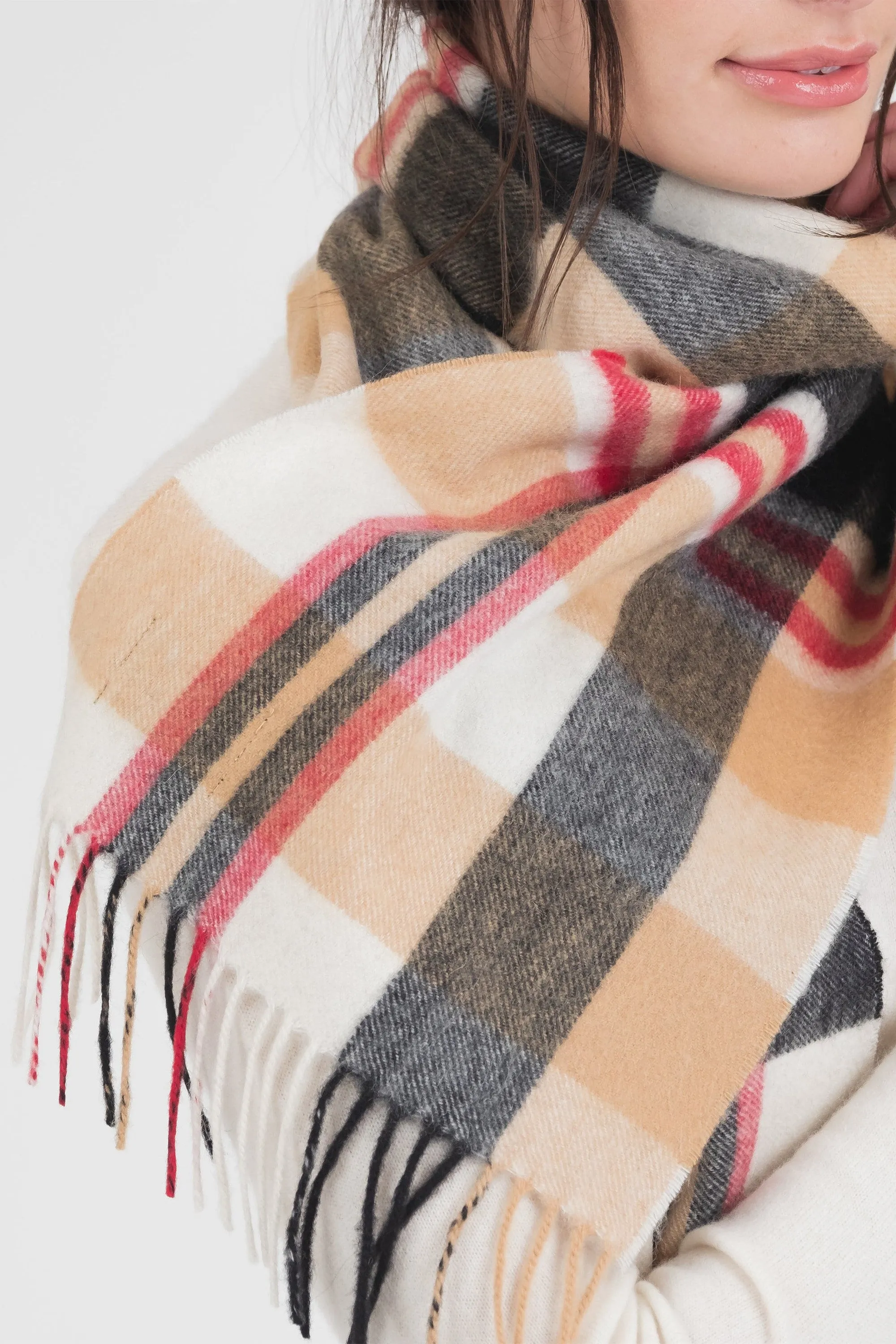 Square Check Cashmere Scarf - Camel