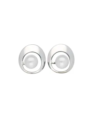 Steel Short Stud Earrings, for Women with Organic Pearl Short Stud Earrings in steel, 10mm Round White Pearls.