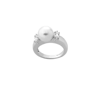 Sterling Silver Rhodium Plated Ring for Women with Organic Pearl, 10mm Round White Pearl and Cubic Zirconia, Lilit Collection