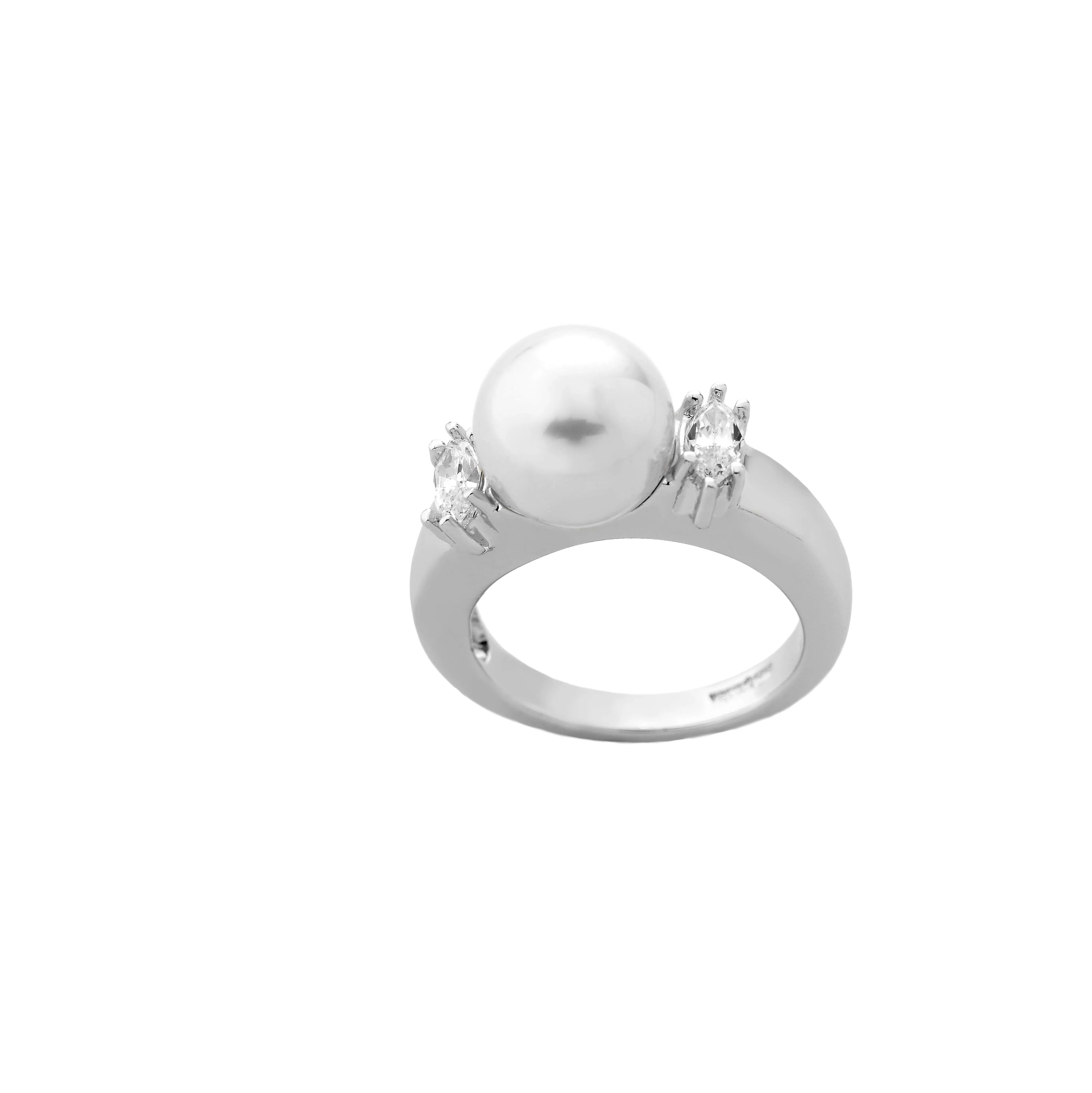 Sterling Silver Rhodium Plated Ring for Women with Organic Pearl, 10mm Round White Pearl and Cubic Zirconia, Lilit Collection