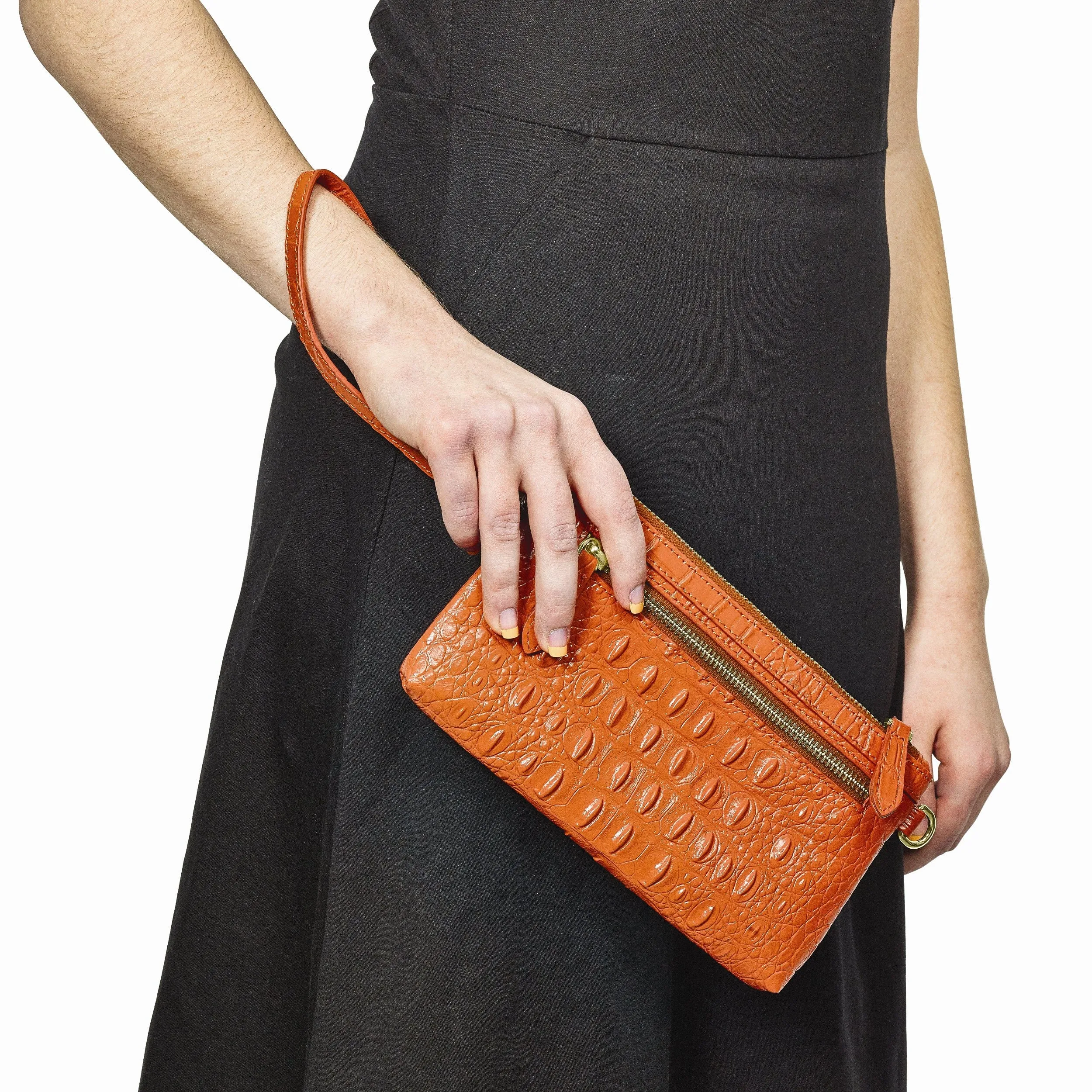 Top Grain Leather Croc Texture RFID Protected Satin Lining with Zip and Slip Pocket Six Card Slots Detachable 7 inch Wrist and Crossbody Strap 20-23 inch Strap Drop Marigold Clutch