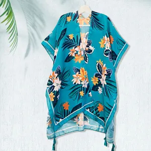 Turquoise Tropical Floral Tassel Kimono