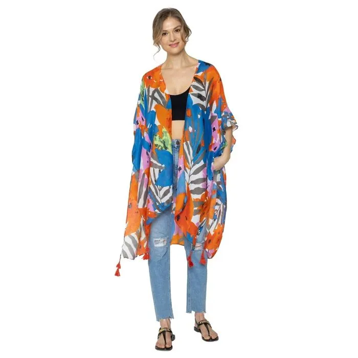 Turquoise Tropical Floral Tassel Kimono