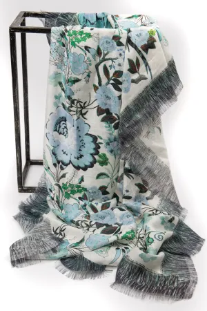 White Floral Silk Linen Scarf