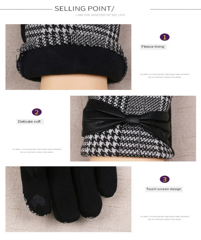 Winter Warm Gloves Women Touch Screen Houndstooth Leather Bow