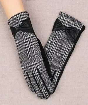 Winter Warm Gloves Women Touch Screen Houndstooth Leather Bow