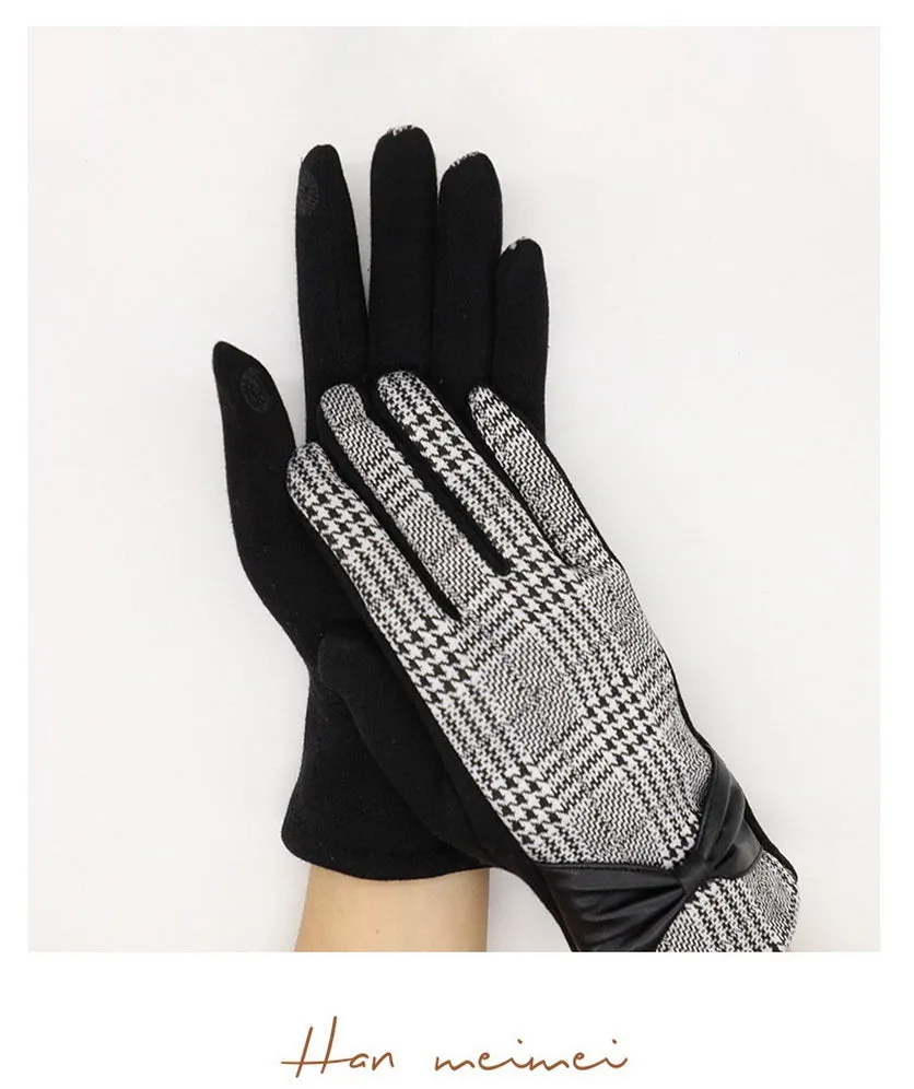 Winter Warm Gloves Women Touch Screen Houndstooth Leather Bow