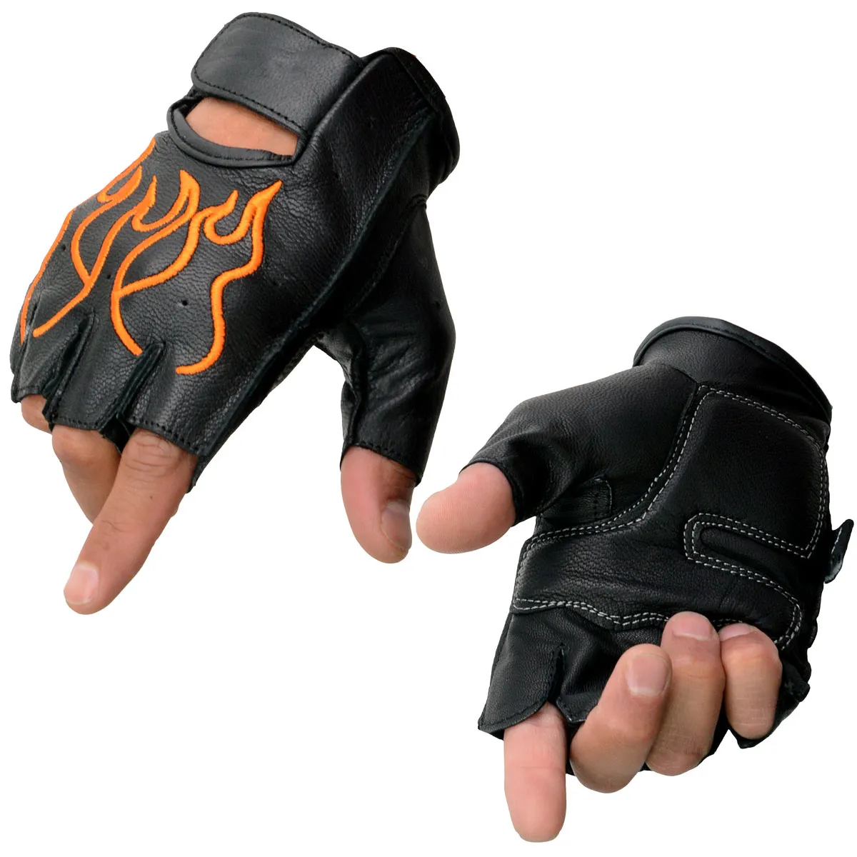 Xelement XG198 Men's Embroidered 'Flamed' Fingerless Black and Orange