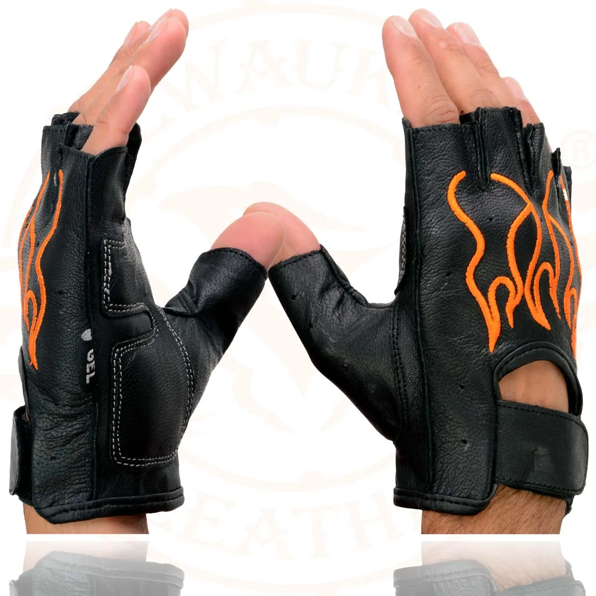 Xelement XG198 Men's Embroidered 'Flamed' Fingerless Black and Orange