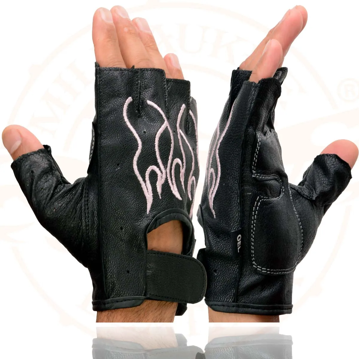 Xelement XG198 Women's Embroidered 'Flamed' Fingerless Black and Pink